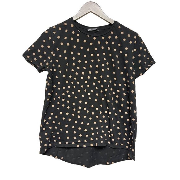 Zara Black Tan Polka Dot Short Sleeve T-Shirt Shirt Women's Size Medium - Picture 1 of 6